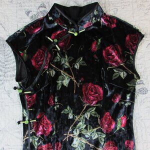 NEW $128 stretch Velvet rose pattern midi cheongsam Mandarin Asian midi dress M